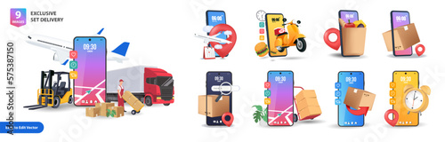 Delivery 3d render vector set. Return, Trucking, Food,  Express, and More. Online delivery phone concept.