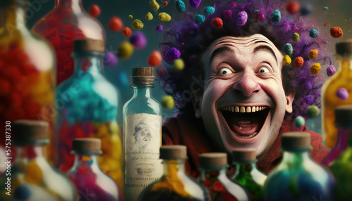 A fictional person, Joyful Clown Portrait with Floating Medicine Bottles - a unique and creative wallpaper background featuring a portrait of a joyful clown with small bottles of medicine floating in 