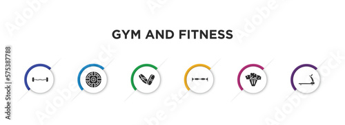 gym and fitness filled icons with infographic template. glyph icons such as dumbbells bar, iron shoot, pill and tablet, horizontal bar, broccoli porcion, running hine vector.