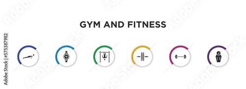 gym and fitness filled icons with infographic template. glyph icons such as push up, training watch, bar exercising, fitness wheel, dumbbells exercise, weighing scale vector.