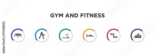 gym and fitness filled icons with infographic template. glyph icons such as trampoline, grip, training apparatus, sleep, arms extender, gym bag vector.