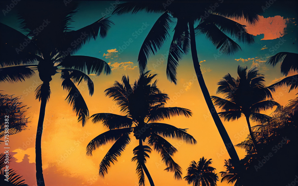 Tropical Paradise Silhouettes of Palm Trees Against a Vibrant Orange-Red and Blue Sky, Eliciting Feelings of Wanderlust and Adventure. Generative AI