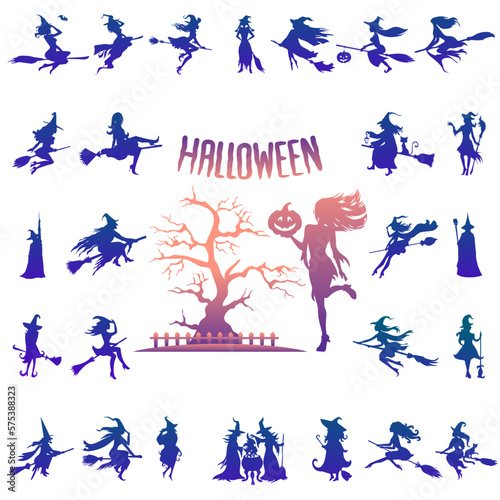 Set of witch silhouettes, halloween elements collection.