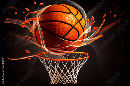 The orange basketball ball flies through the basket. Generative Ai © Mukhlesur