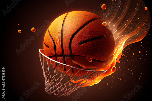 The orange basketball ball flies through the basket. Generative Ai © Mukhlesur