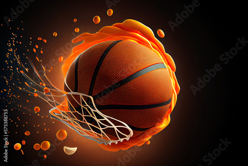 The orange basketball ball flies through the basket. Generative Ai © Mukhlesur