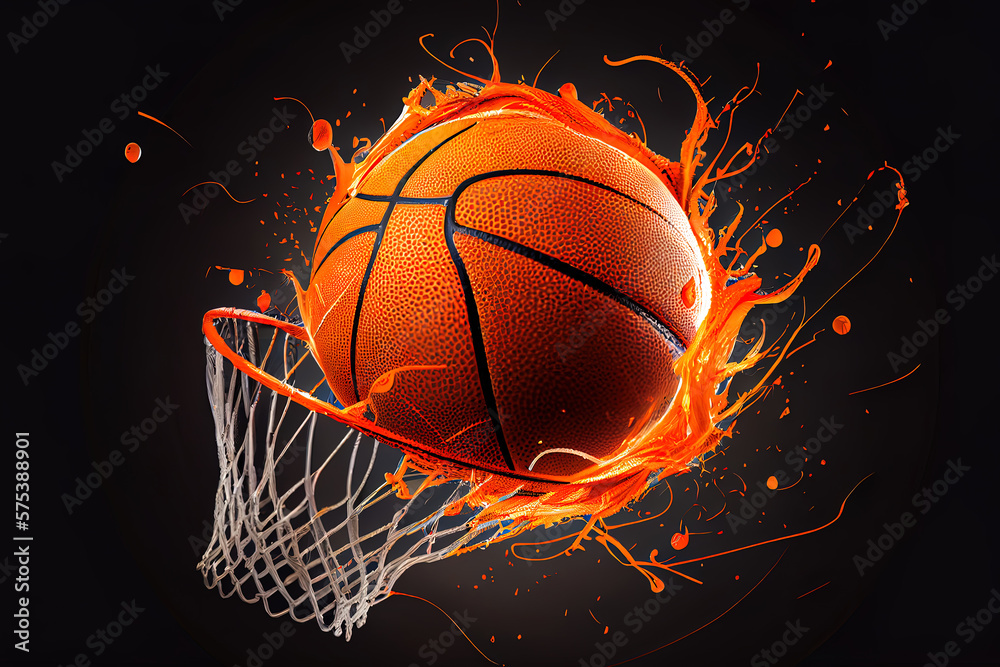 The orange basketball ball flies through the basket. Generative Ai