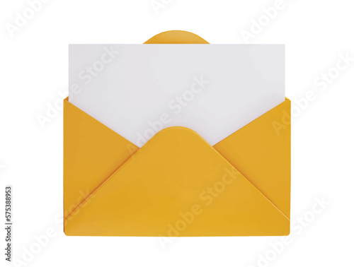 Photo letter 3d render open yellow envelope with empty paper card 3d vector icon illustration