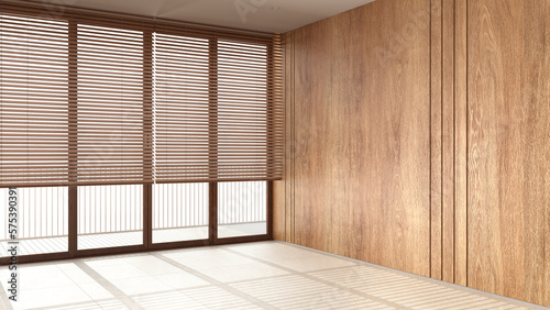 Billede på lærred Empty room background, wooden walls, marble tiles floor and big window with vene