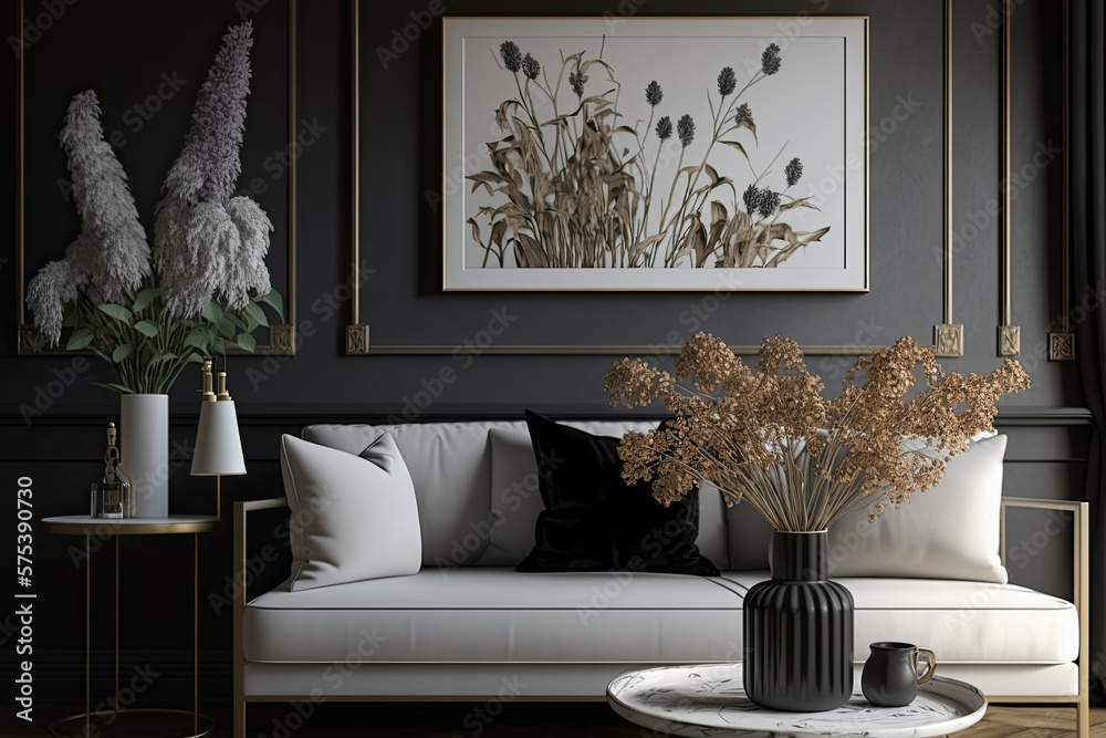 Elegant house interior design featuring a contemporary neutral sofa, faux  poster farmes, dried flowers in a vase, coffee tables, decorative  accessories, and elegant personal accents. Template Stock-Illustration |  Adobe Stock