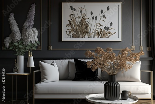 Elegant house interior design featuring a contemporary neutral sofa, faux poster farmes, dried flowers in a vase, coffee tables, decorative accessories, and elegant personal accents. Template photo