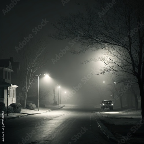 foggy chicago suburbs night 1950's film empty streets tail lights Generative AI