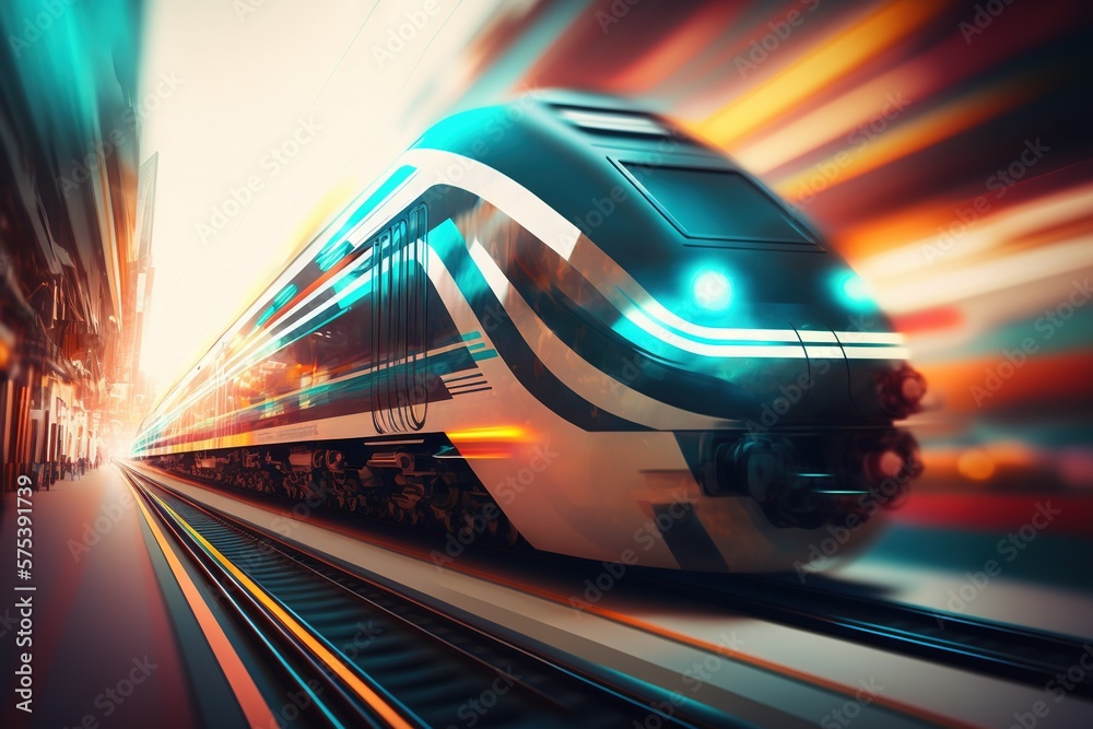 futuristic train on high speed in the future city blurred motion creative light trails Generative art Generative AI