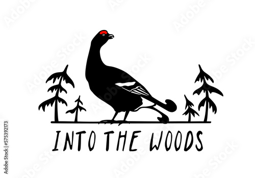 Vector card with hand drawn graceful black grouse in the woods. Beautiful animal design elements, ink drawing, graphic style. Logo template