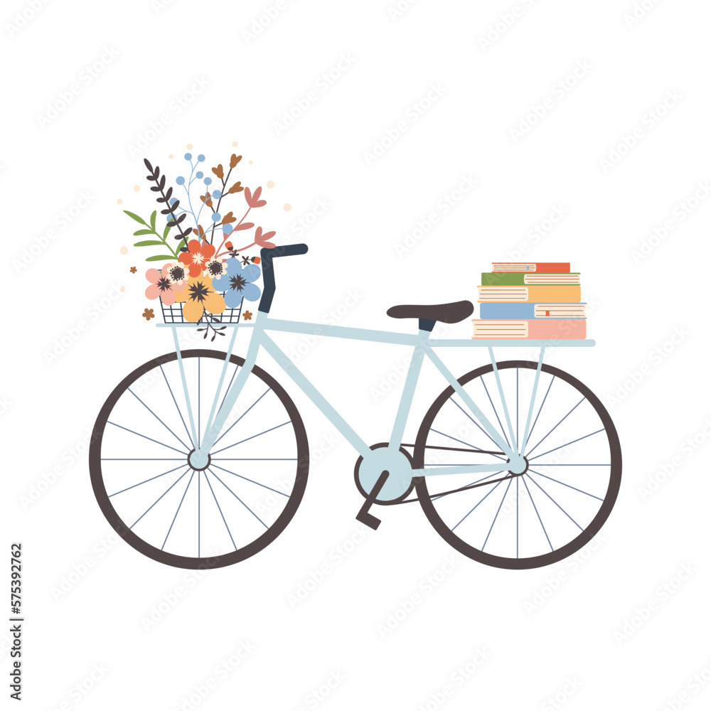 Bicycle with a basket. Flowers and books. Cute vector illustration.