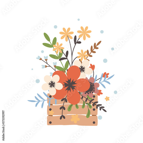 Wooden box with spring flowers. Cute vector illustration for spring design. Flat vintage style.