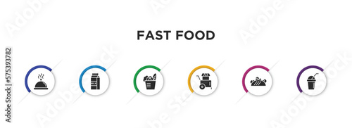 fast food filled icons with infographic template. glyph icons such as hot dish, milk bottle, groceries, street food, taco, beverage vector.