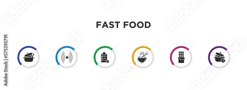 fast food filled icons with infographic template. glyph icons such as cooking, online, preparation, noodles, chote, cooking time vector.