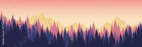 morning mountain hill forest silhouette vector illustration good for travel design, wallpaper, banner, background, web banner, ads banner, tourism banner, wallpaper, and background template
