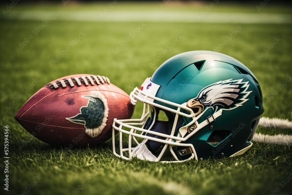 Product shot of Philadelphia Eagles gear, including a football and helmet,  on a green playing field in Zagreb, Croatia on August 13, 2015. Generative  AI Stock Illustration