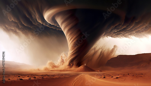 Fotografia A huge tornado hits the desert landscape with great force