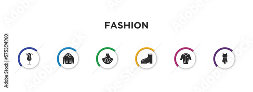 fashion filled icons with infographic template. glyph icons such as dressmaker, sweater with pockets, accesory, footwear, jacket with buttons, samurai japanese hat vector. photo