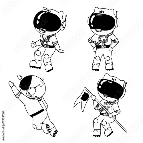 Cosmonaut in different poses. Astronaut in intergalactic space. galaxy. astronauts in a space suit with a helmet isolated on a white background. Black and white illustration