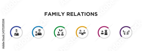family relations filled icons with infographic template. glyph icons such as father-in-law, granddaughter, ex-husband, parent, widow / widower, sibling's child vector.