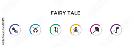 fairy tale filled icons with infographic template. glyph icons such as cinderella shoe, cthulhu, curupira, jolly roger, enchantment, rapunzel vector.