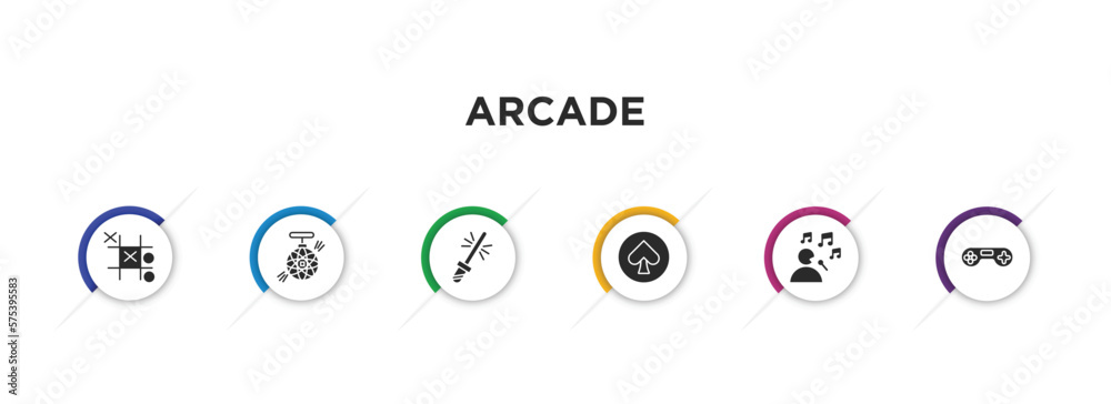 arcade filled icons with infographic template. glyph icons such as tic tac toe, nightclub, lightsaber, spades, soprano, gamepad vector. arcade filled icons with infographic template. glyph icons such as tic tac toe, nightclub, lightsaber, spades, soprano, gamepad vector.