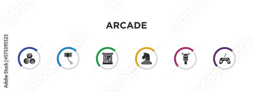 arcade filled icons with infographic template. glyph icons such as billiards, selfie stick, arcade game, chess piece, puppet show, video game vector.