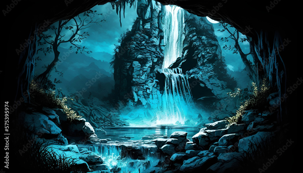 waterfall with blue water in dark place