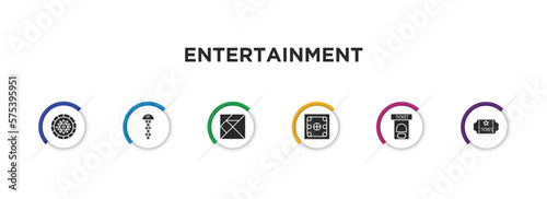 entertainment filled icons with infographic template. glyph icons such as chinese checkers, hopscotch, tangram, carrom, ticket booth, gold ticket vector.