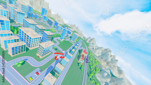 stylized three-dimensional city. cartoon biplane over city 3d render illustration