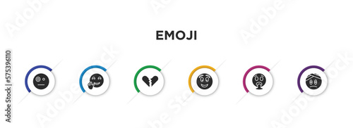 emoji filled icons with infographic template. glyph icons such as sceptic emoji, hello emoji, broken heart excited vomit injured vector.