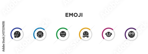 emoji filled icons with infographic template. glyph icons such as thinking emoji, sick emoji, drool hugging shy hypnotized vector.
