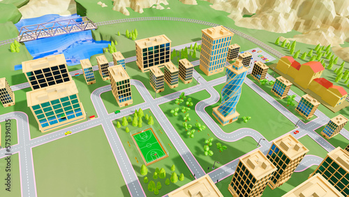 background stylized three-dimensional city with train cars. 3d render illustration