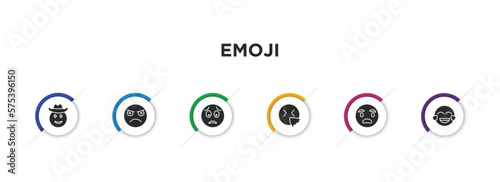 emoji filled icons with infographic template. glyph icons such as cowboy hat emoji, pouting emoji, worried sneezing anguished laugh vector.