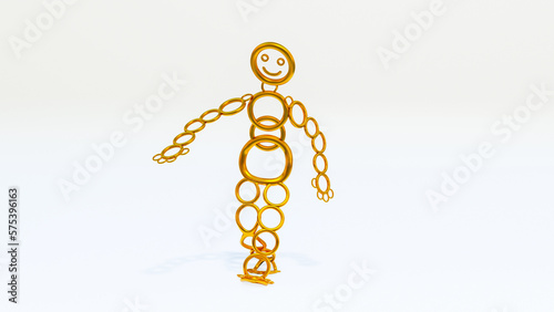 stylized little man made of golden rings with a smile on a white background. 3d render illustration