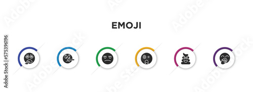 emoji filled icons with infographic template. glyph icons such as exhausted emoji, lying emoji, suspicious shocked poo yawning vector.