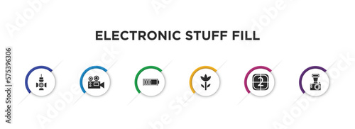 electronic stuff fill filled icons with infographic template. glyph icons such as reflector, film camera, half battery, ro, video file list, old camera vector.