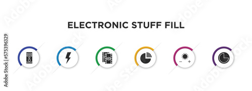 electronic stuff fill filled icons with infographic template. glyph icons such as computer tower, blitz flash, photogram, quarter, brightness option, three quarters vector.