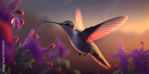 flying hummingbird closeup in purple color scheme AI generated illustration © artefacti