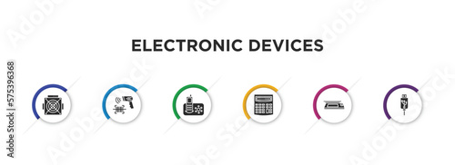 electronic devices filled icons with infographic template. glyph icons such as asic miner, barcode scanner, answering hine, calculator, scanner, usb vector.