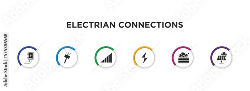 electrian connections filled icons with infographic template. glyph icons such as fuse box, hammer, medium, electricity, toolbox, solar panel vector.