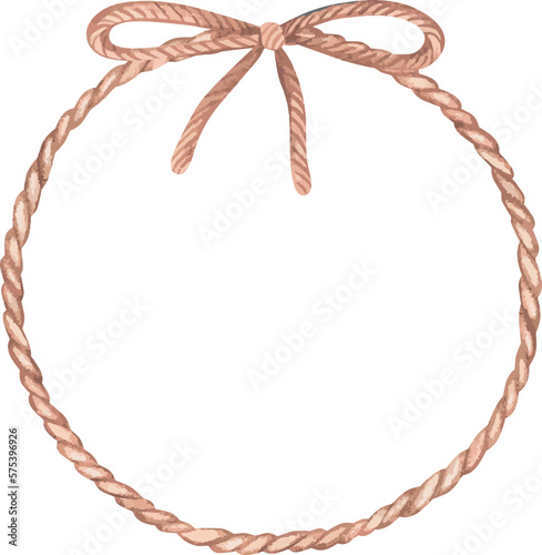 Rope wreath and a bow. Watercolor vector illustration. Round place for text. Isolated on a white background. For the design social network posts  labels  stickers on a marine theme