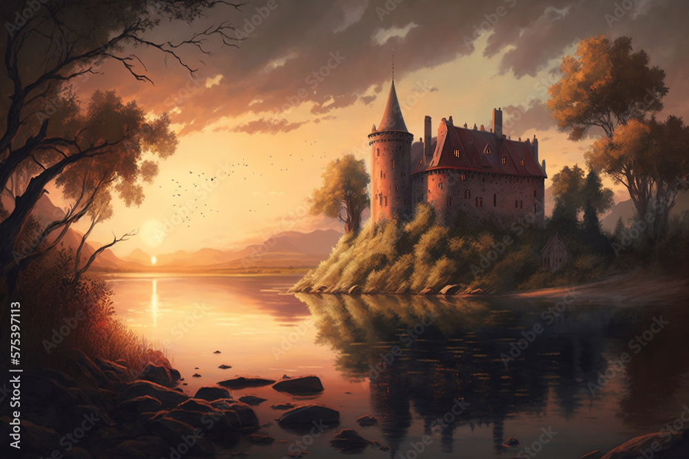 Beautiful castle by the river at sunset in summer landscape, Generative Ai Beautiful castle by the river at sunset in summer landscape, Generative Ai