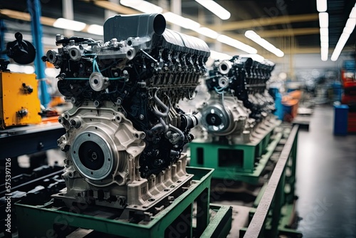 Engine production line on the assembly line at the automaker. a manufacturing plant for automobiles. The necessary pieces for a car. Manufacturing plant for automobile engines. There's a brand new eng