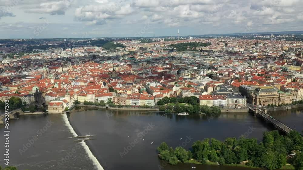 Prague Old Town in Czech Republic with Famous Sightseeing Places in Background. Charles Bridge Iconic 14th century Structure with View, Vltava river and Prague Cityscape. Must Visit City. Drone Prague Old Town in Czech Republic with Famous Sightseeing Places in Background. Charles Bridge Iconic 14th century Structure with View, Vltava river and Prague Cityscape. Must Visit City. Drone
