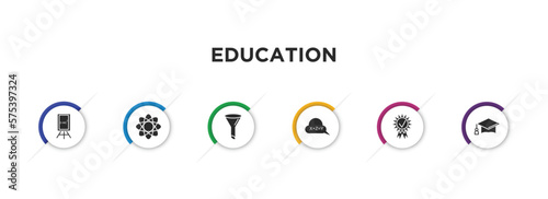 education filled icons with infographic template. glyph icons such as relativity formulae, photon, chemistry funnel, equation, diploma with seal, graduation mortarboard vector.